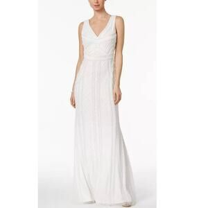 Adrianna Papell White formal wedding bride allover sequin beaded Gown Dress SZ 2